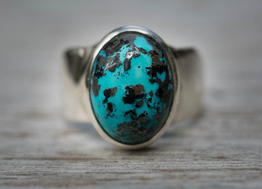 Shattuckite Sterling Silver Ring - Unisex Blue Stone, Size 8