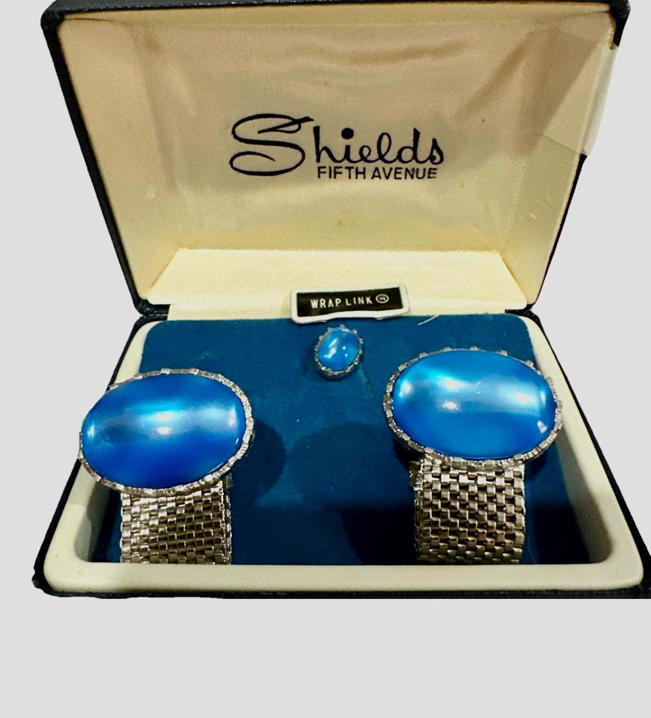 Shield’s Fifth Avenue Wrap Cuff Links And Tie Tack - Blue Stones