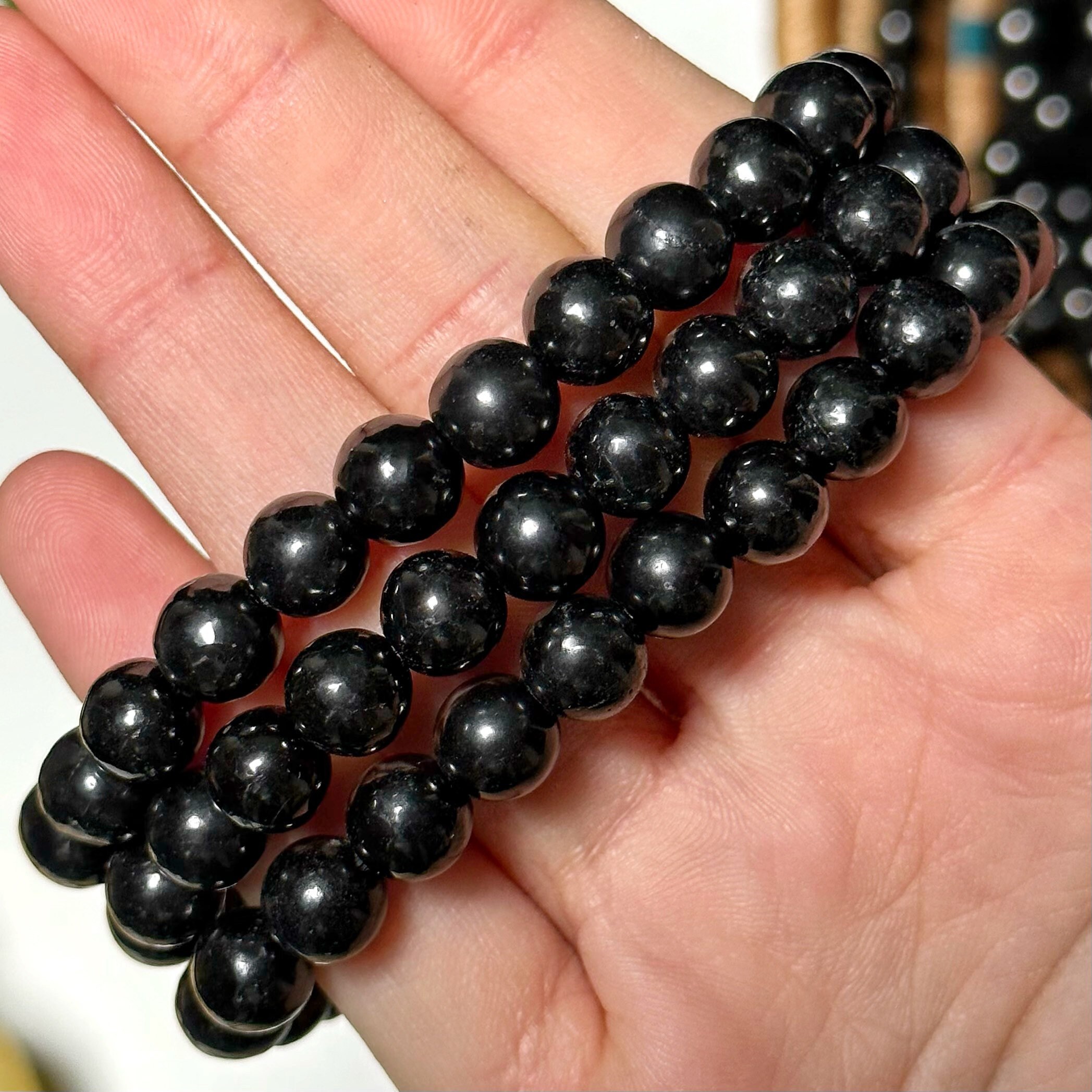 Shungite Bracelet , 6-8mm , - No. 638 (polished Black Crystal Jewelry, Root Chakra, Grounding)