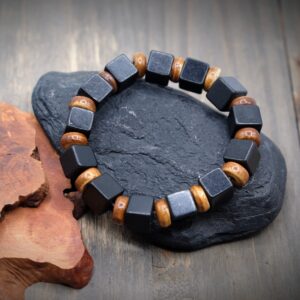 8mm Shungite Cube Stretch Bracelet Emf, Tibetan Bone Rondelle Bead, Boho, Natural, Earthy