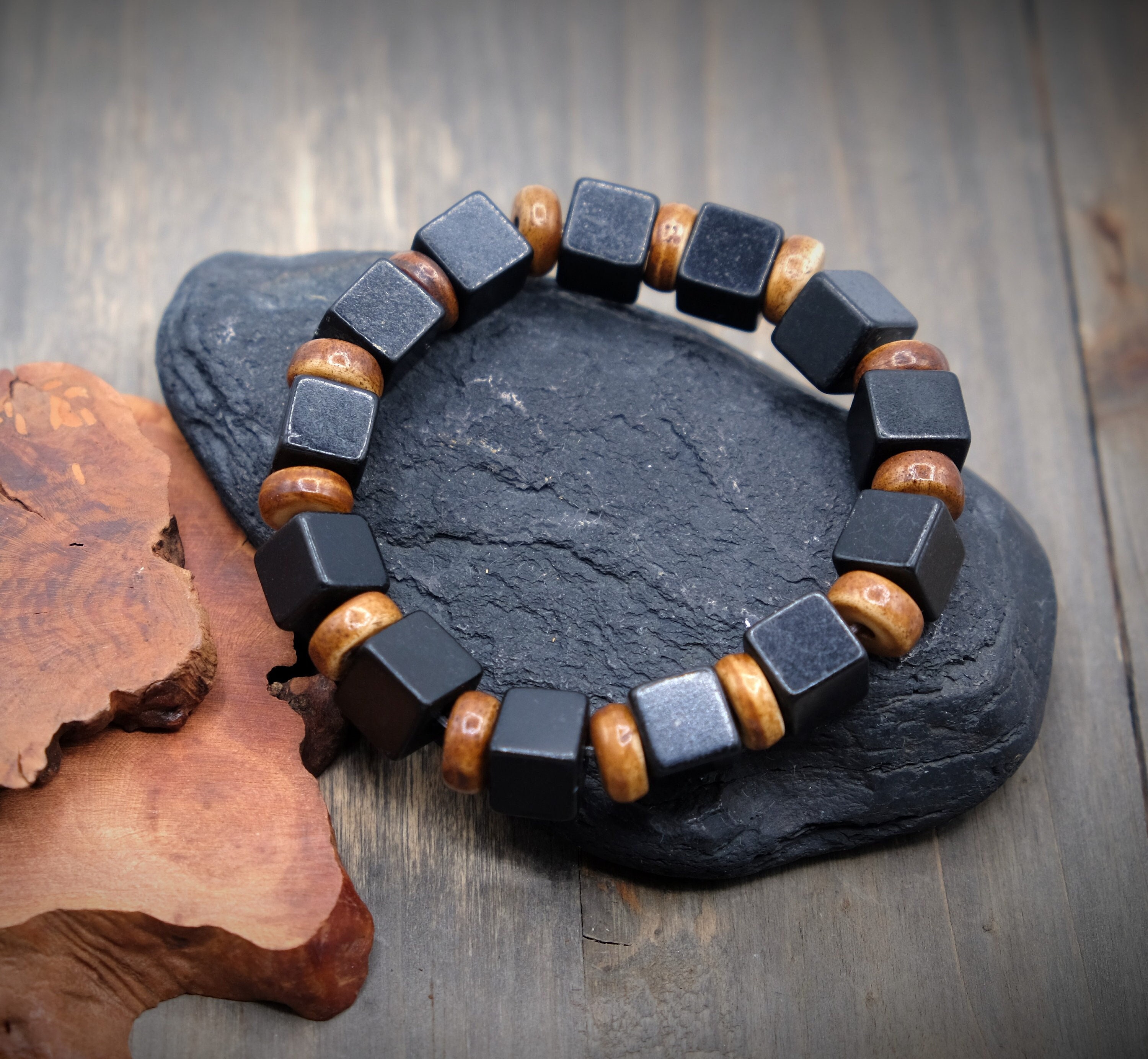 8mm Shungite Cube Stretch Bracelet Emf, Tibetan Bone Rondelle Bead, Boho, Natural, Earthy