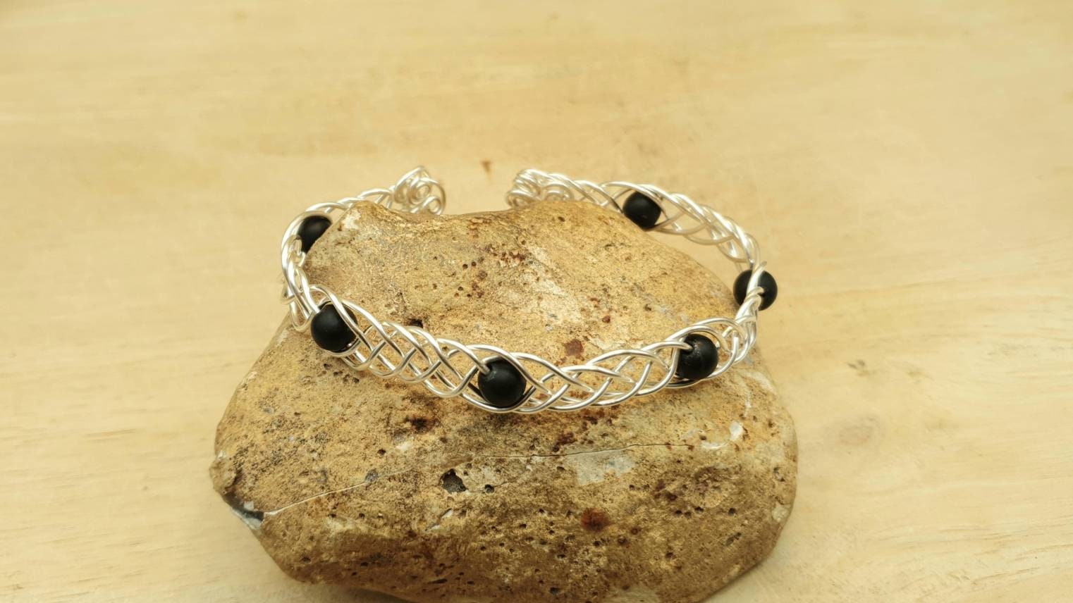 Celtic Knot Shungite Cuff Bracelet. Reiki Jewelry Uk. Silver Filled Wire Wrap Adjustable Bracelet