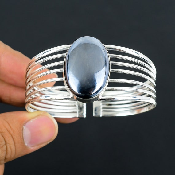 Shungite Gemstone Cuff Bracelet: Handmade 925 Sterling Silver Bangle Shungite Gemstone Cuff Bracelet: Handmade 925 Sterling Silver Bangle