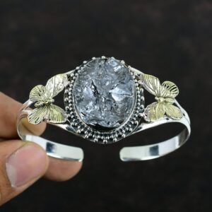 Handmade Shungite Butterfly Bangle: 925 Sterling Silver & 18K Gold Plated Cuff