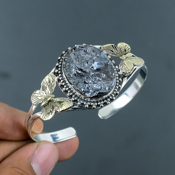 Handmade Shungite Cuff Bracelet: 925 Sterling Silver, 18k Gold Butterfly Bangle