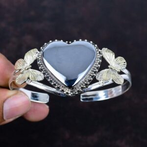 Handmade Shungite Cuff Bracelet: Sterling Silver, 18k Gold Butterfly Bangle