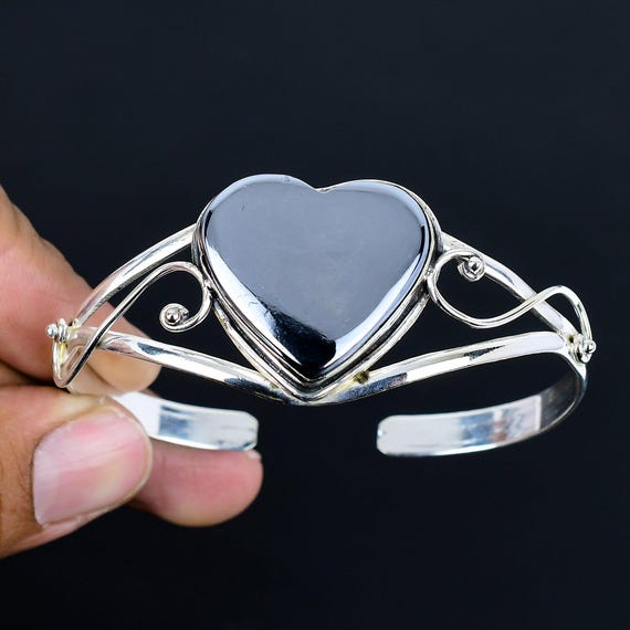 Handmade Shungite Heart Cuff Bracelet: 925 Sterling Silver Bangle