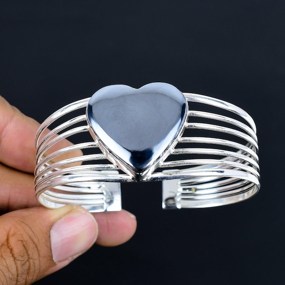 Handmade Shungite Heart Cuff Bracelet: 925 Sterling Silver Adjustable Bangle