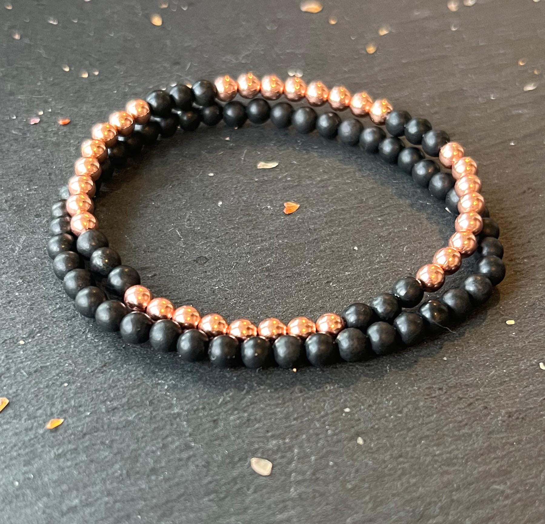 Healing Russian Shungite & Untreated Copper Bracelet Set // Grounding The Root Chakra - Stimulates Energy Flow - Emf Protective Shield