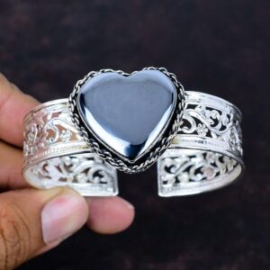 Shungite Heart Bangle: Handmade 925 Sterling Silver Cuff Bracelet