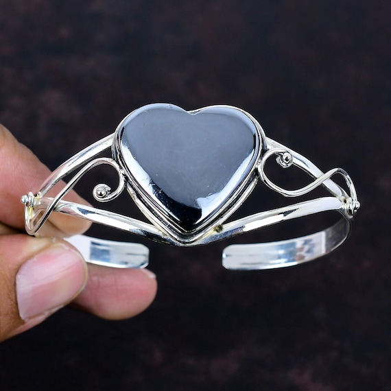 Shungite Heart Bangle: Handmade 925 Sterling Silver Adjustable Cuff