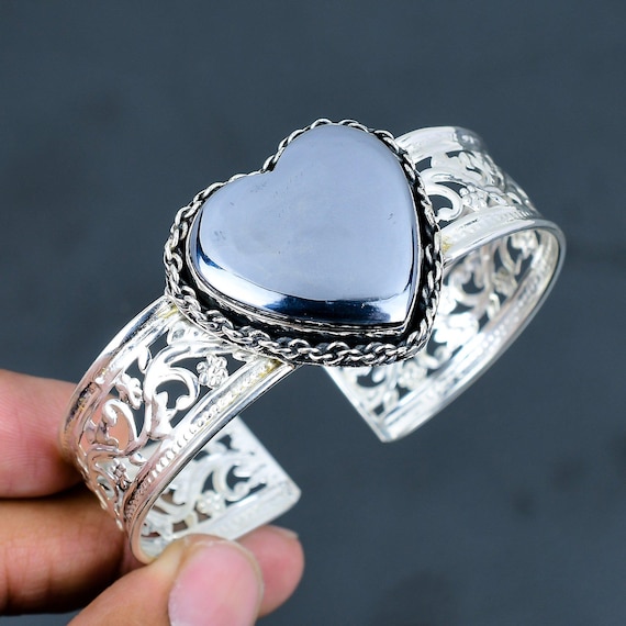 Shungite Heart Bangle: Handmade 925 Sterling Silver Adjustable Cuff