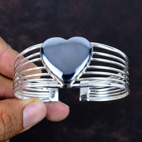 Shungite Heart Cuff Bracelet: Handmade 925 Sterling Silver Adjustable Bangle