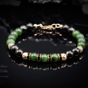 Rare Siberian Chatoyant Green Nephrite & 8mm Petrovsky Shungite, 6mm Gold Lava, Black Pave Beaded Gold Filled Clasp Bracelet Stretch Option