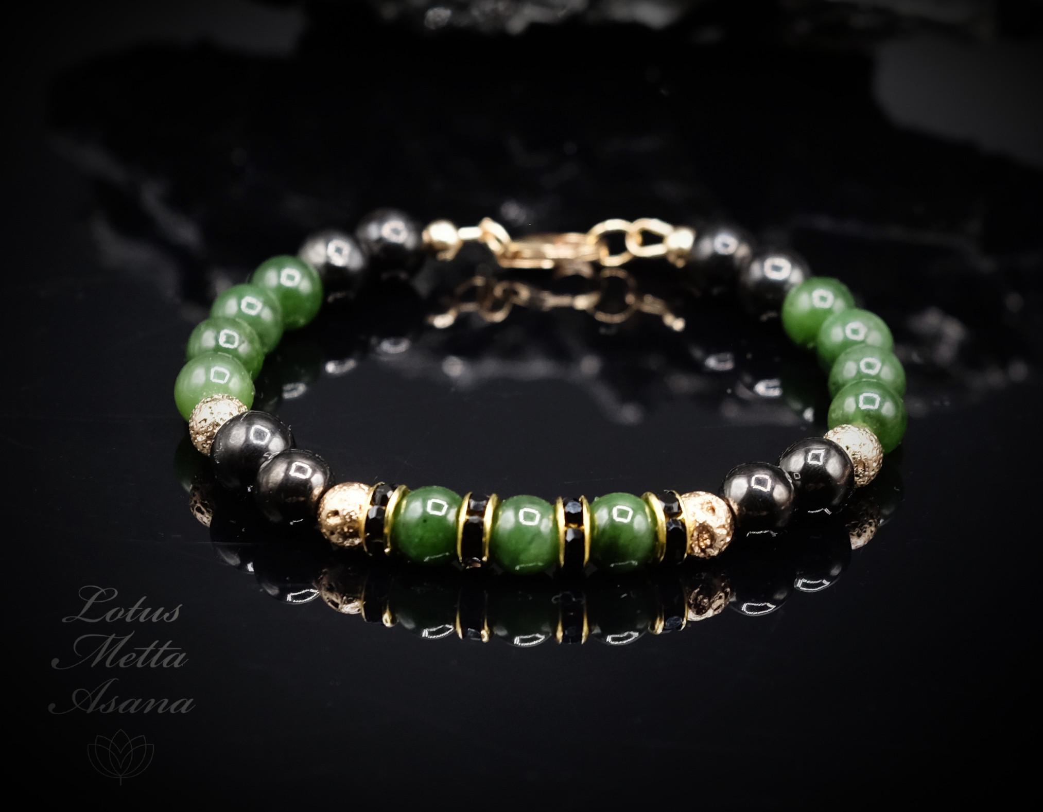 Rare Siberian Chatoyant Green Nephrite & 8mm Petrovsky Shungite, 6mm Gold Lava, Black Pave Beaded Gold Filled Clasp Bracelet Stretch Option