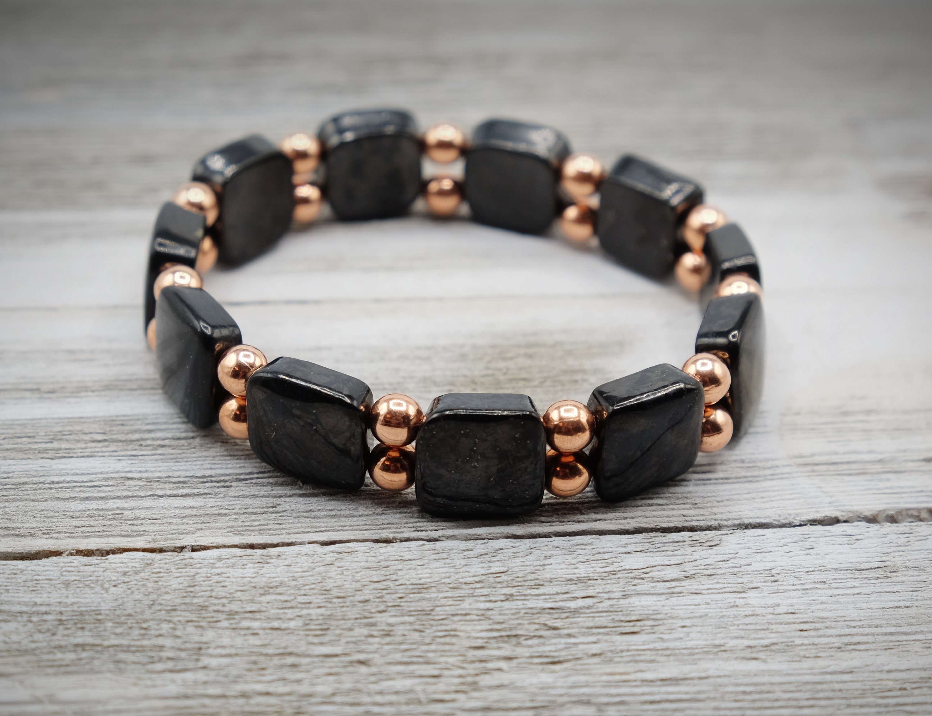 Shungite Square And Double Round 6mm Copper Bead Bracelets