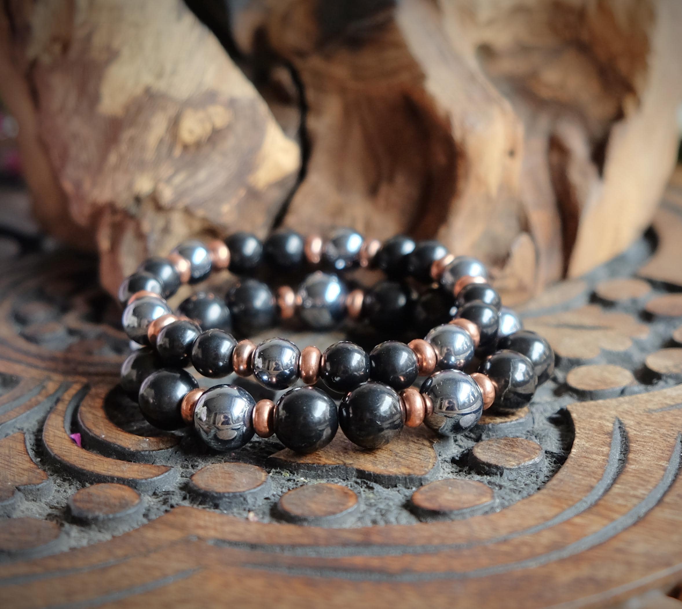 Shungite + Tera Hertz + Copper 6mm, 8mm, 10mm Healing Stretch Bracelet Anti-stress Emf Protection Petrovsky Optional