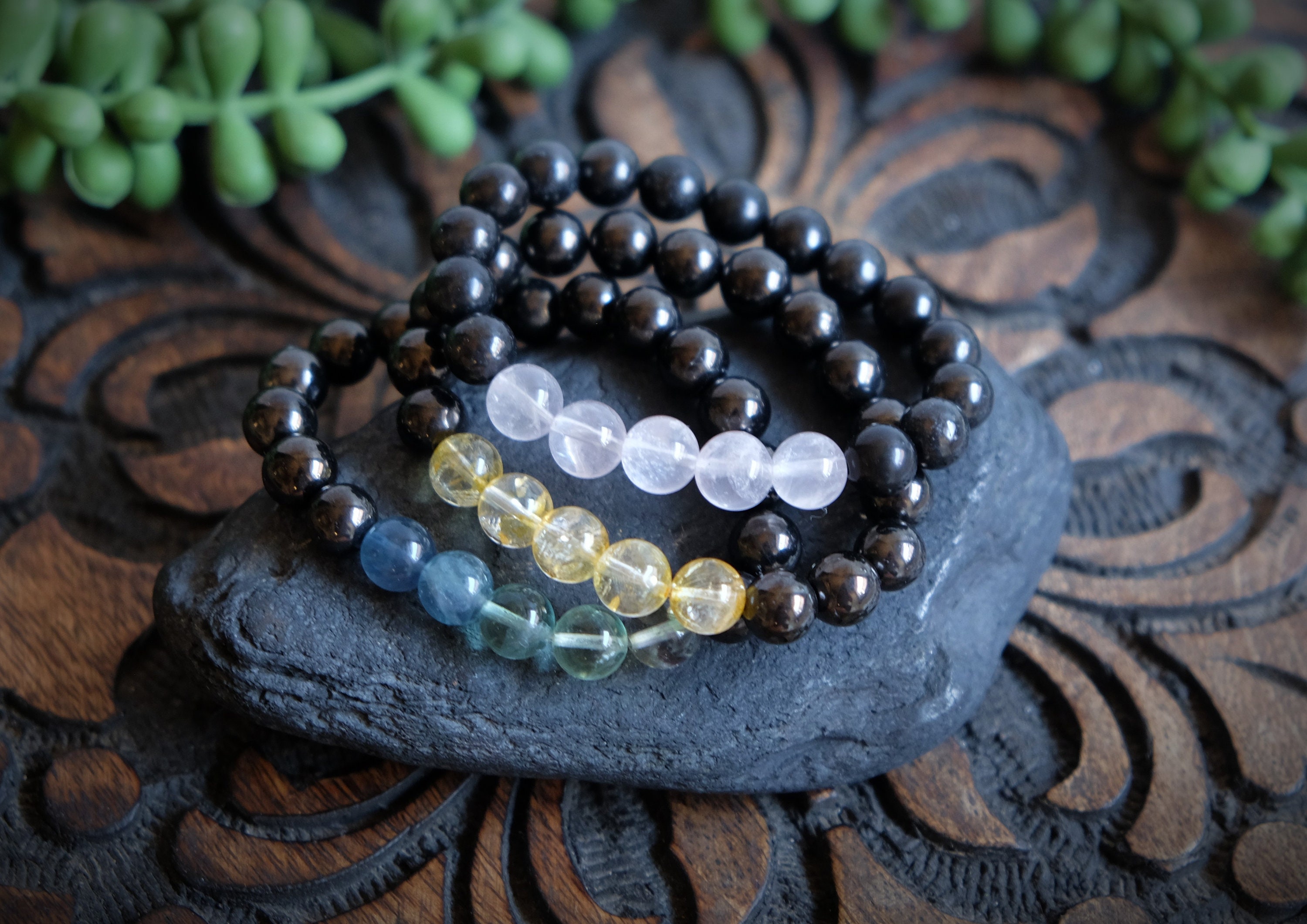Shungite + Your Choice Gemstone Smooth Stretch Bead Bracelet 8mm