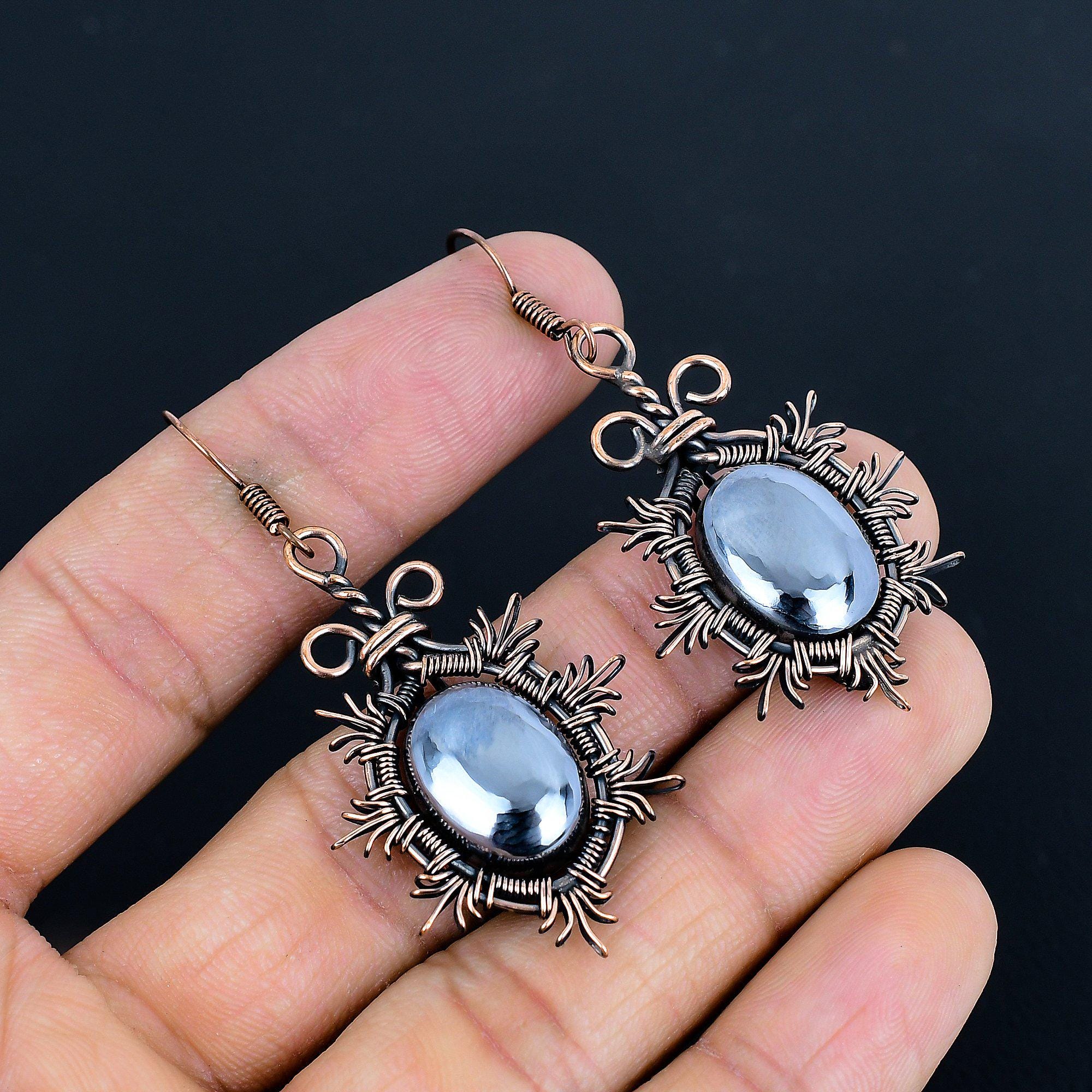 Shungite Earrings Copper Wire Wrapped Earrings Shungite Gemstone Earrings Handmade Copper Jewelry Dangle Earrings Shungite Jewelry Gift