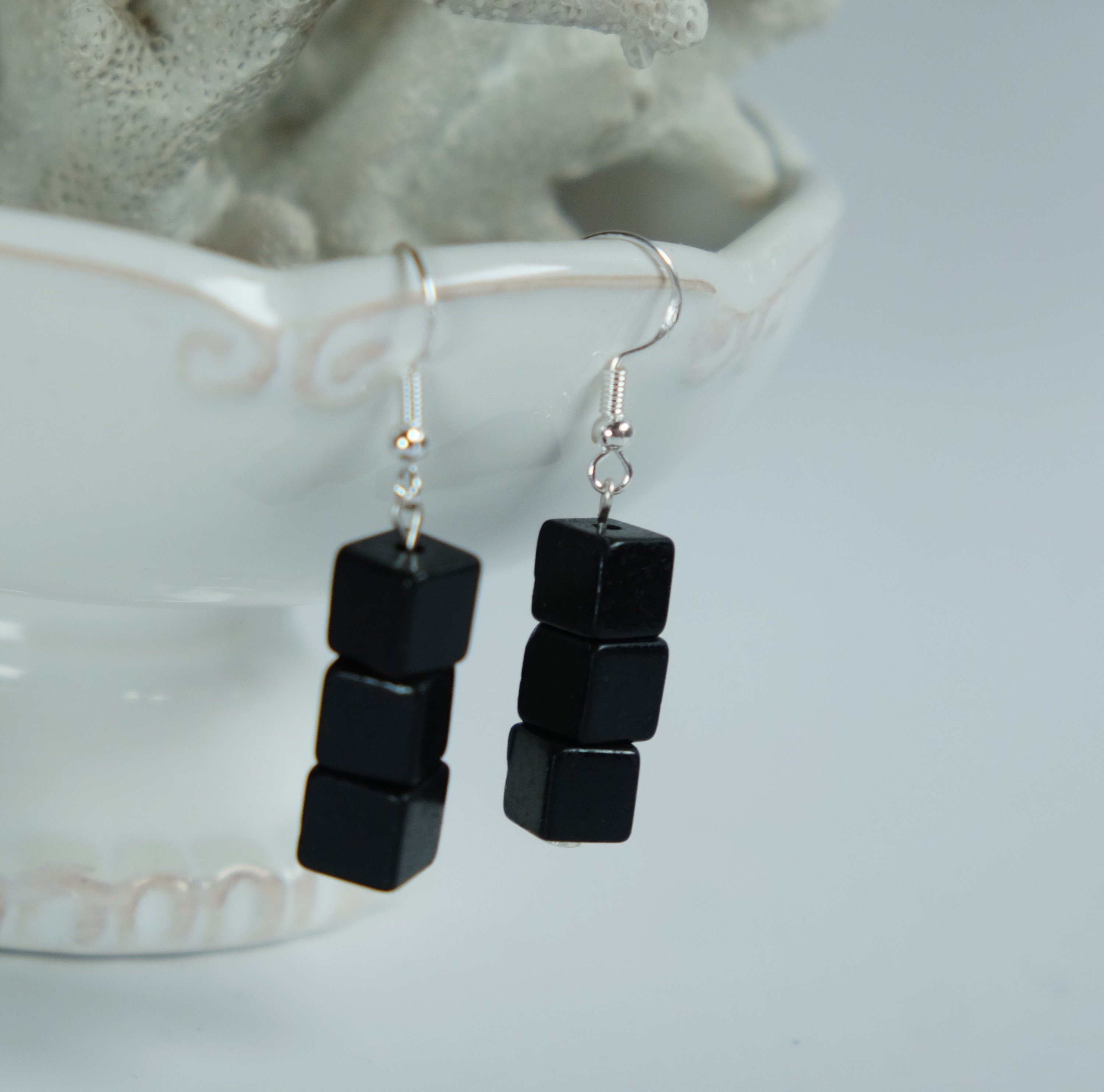 Shungite Cube 8mm, 10mm Drop Dangle Stainless Steel Earrings Emf Protection Chakra Balancing Healing
