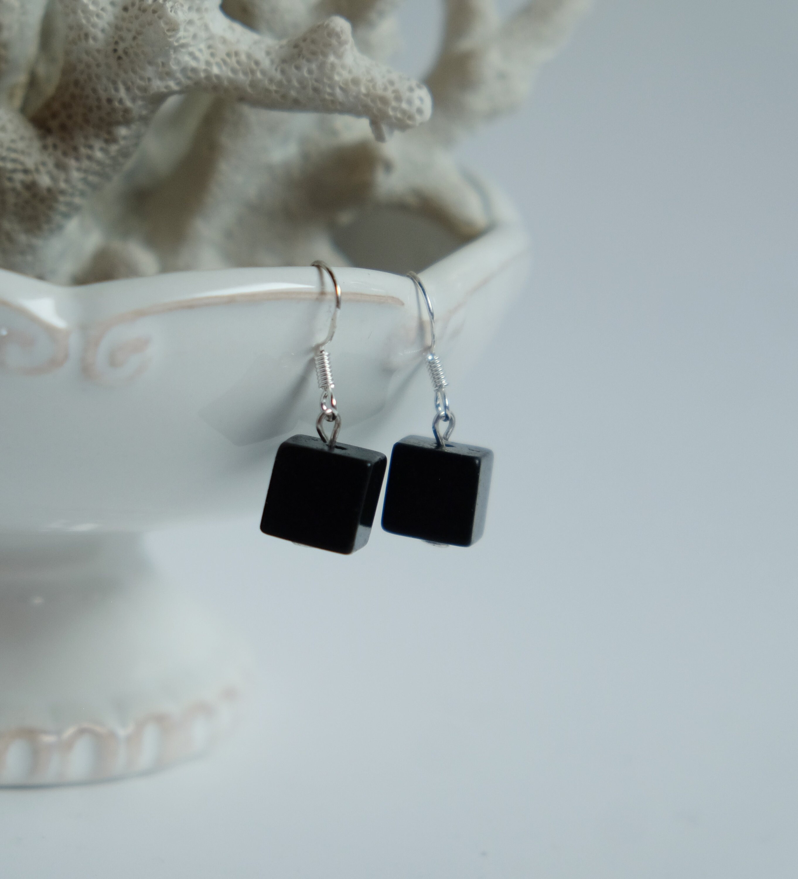 Shungite Cube 8mm Drop Dangle Sterling Silver Earrings Emf Protection Chakra Balancing Healing