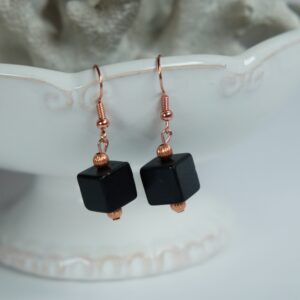Shungite Cube 8mm with 3mm Fluted Solid Copper Drop Dangle Sterling Silver Earrings EMF Protection