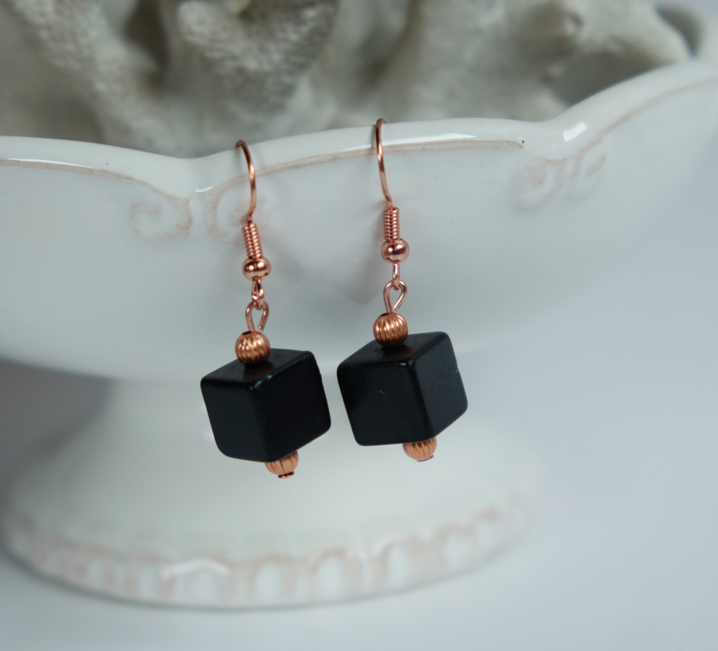 Shungite Cube 8mm With 3mm Fluted Solid Copper Drop Dangle Sterling Silver Earrings Emf Protection