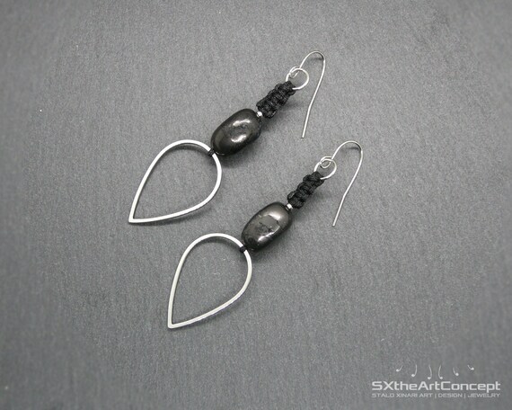 Shungite Earrings, Drop Earrings Long Stainless Steel, Emf Protection Stone, Boho Chic, Women Jewelry