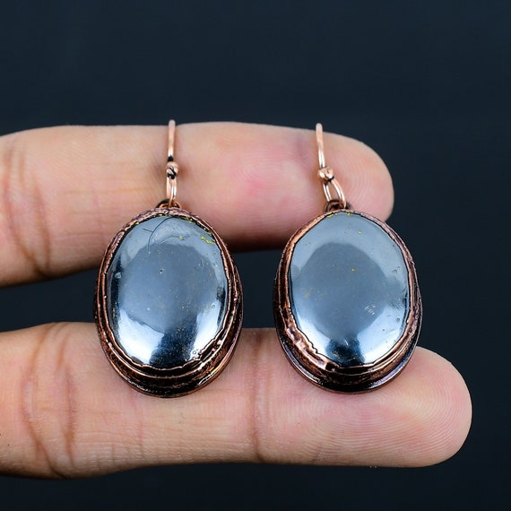 Electroformed Copper Shungite Earrings: Handmade Ethnic Jewelry