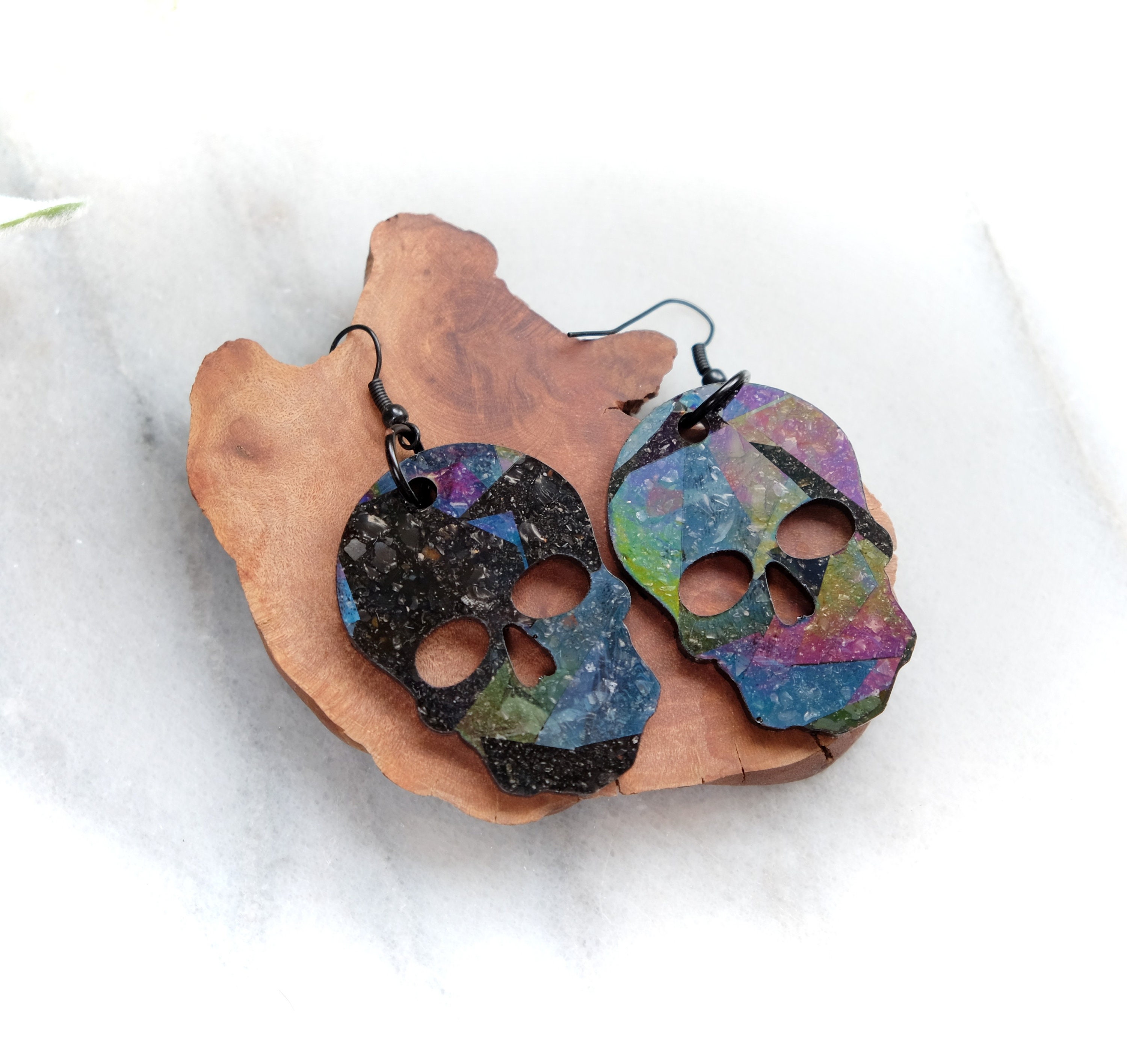 Elite Noble Shungite + Resin Holographic Skull Earrings