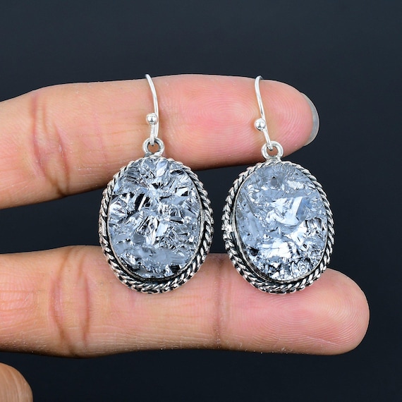 Shungite Gemstone Earrings: Handmade 925 Sterling Silver, Vintage Style