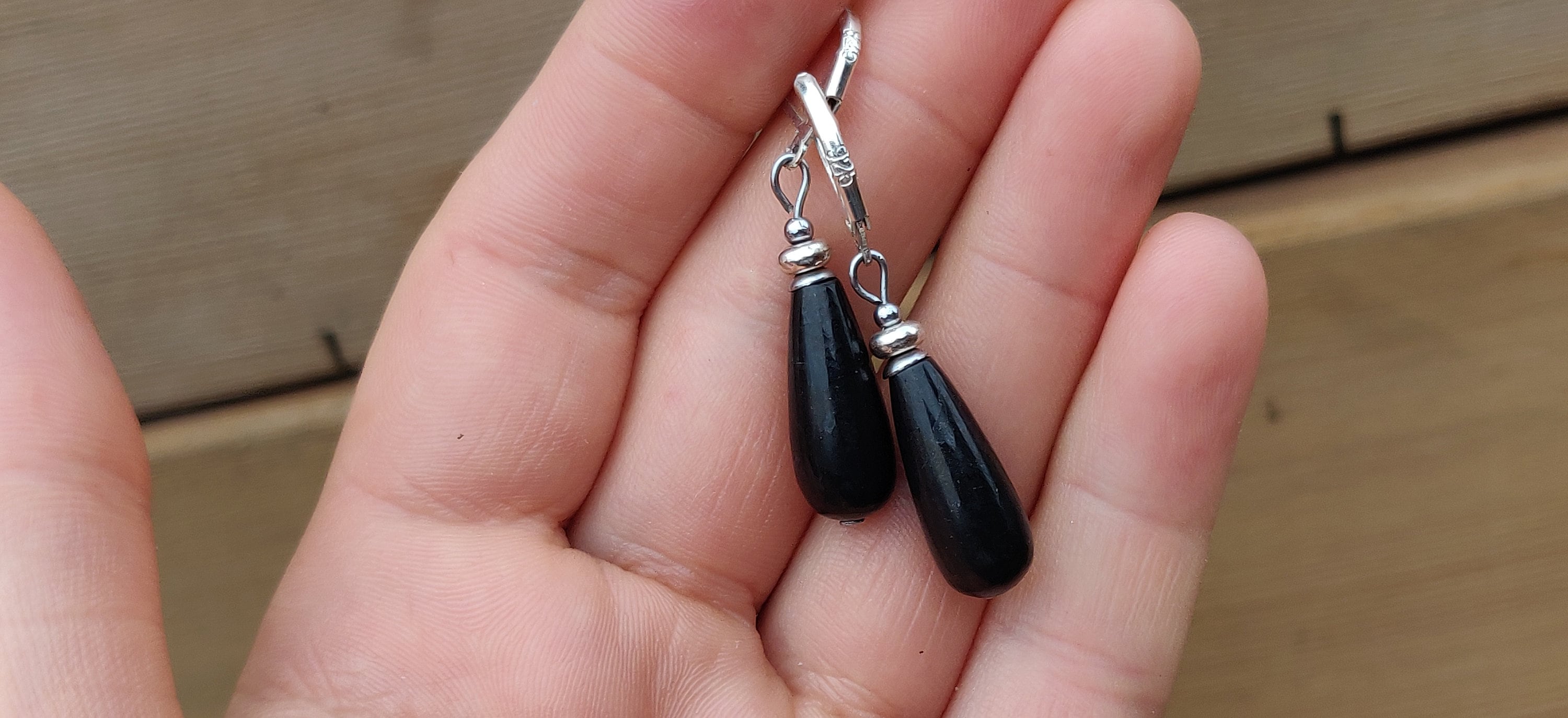 Genuine Russian Black Shungite Teardrop Sterling Silver Earrings 25mm Long Genuine Russian Black Shungite Teardrop Sterling Silver Earrings 25mm Long