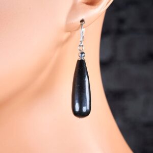Genuine Russian Karelian Black Shungite 30mm Long Teardrop Sterling Silver Earrings. Natural Shungite Statement Dangle Teardrops Earrings