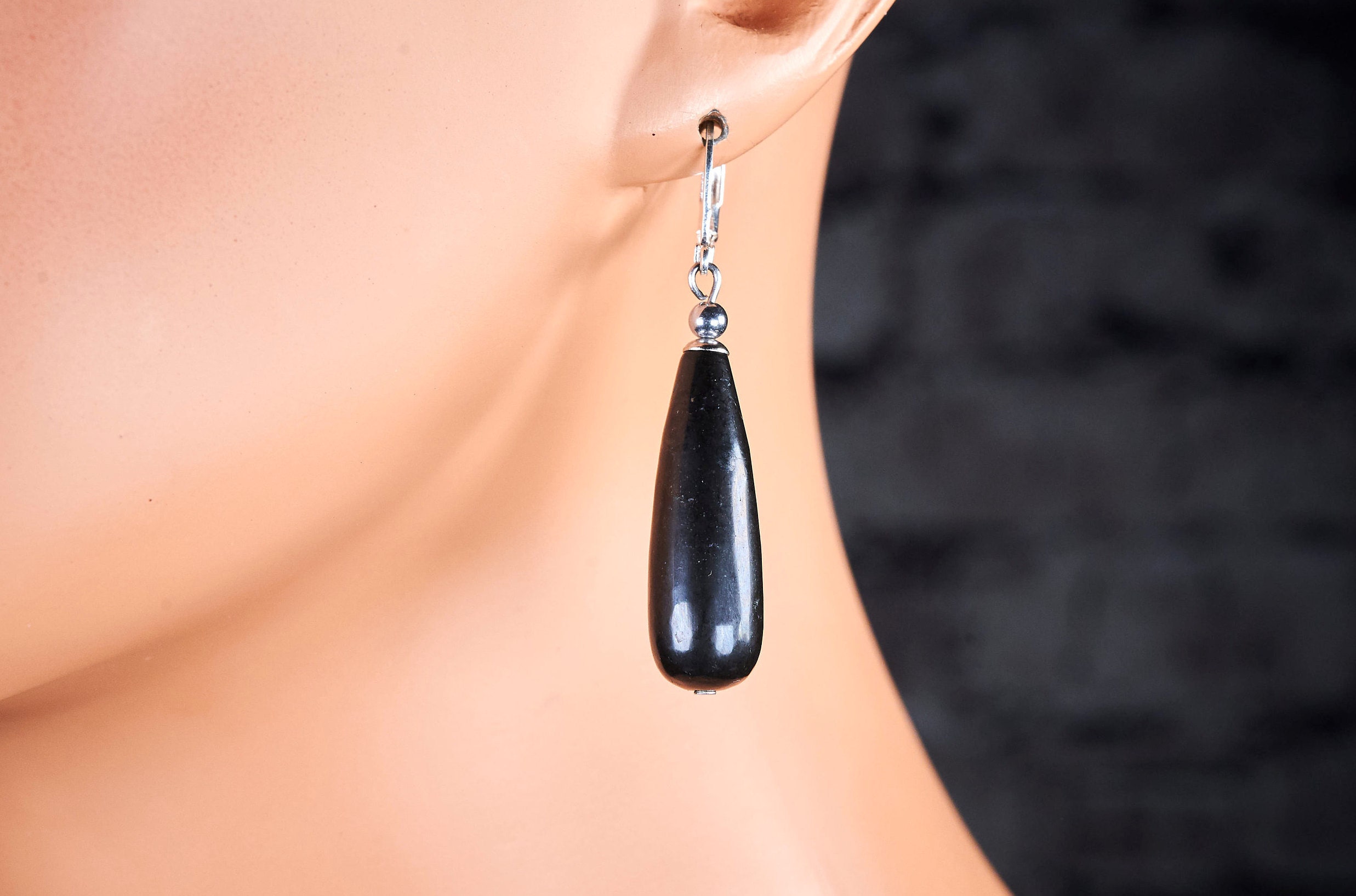 Genuine Russian Karelian Black Shungite 30mm Long Teardrop Sterling Silver Earrings. Natural Shungite Statement Dangle Teardrops Earrings