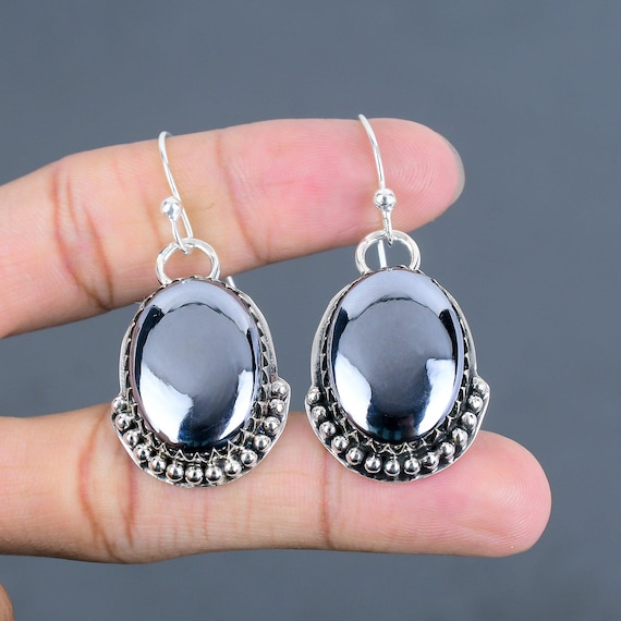 Handmade Shungite Dangle Earrings: 925 Sterling Silver Gemstone Jewelry