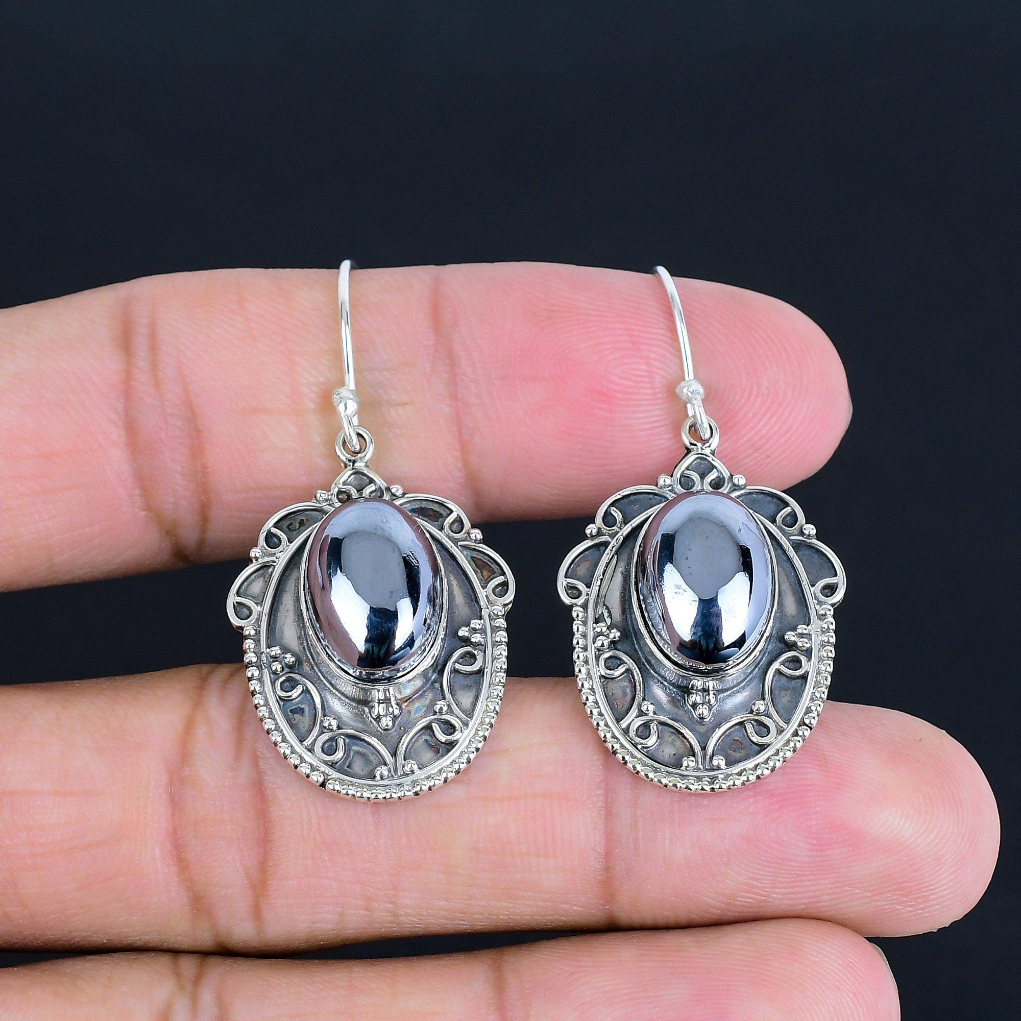 Handmade Shungite Gemstone Earrings: Antique 925 Sterling Silver