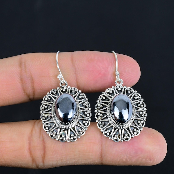 Handmade Shungite Earrings: Vintage 925 Sterling Silver Gemstone Jewelry