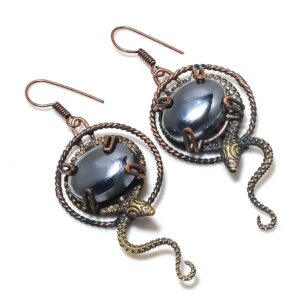 Shungite Earrings, Natural Shungite Gemstone Earring, Snake Design Copper Wire Wrapped Earrings,  Handmade Jewelry Dangle Earrings Gifts