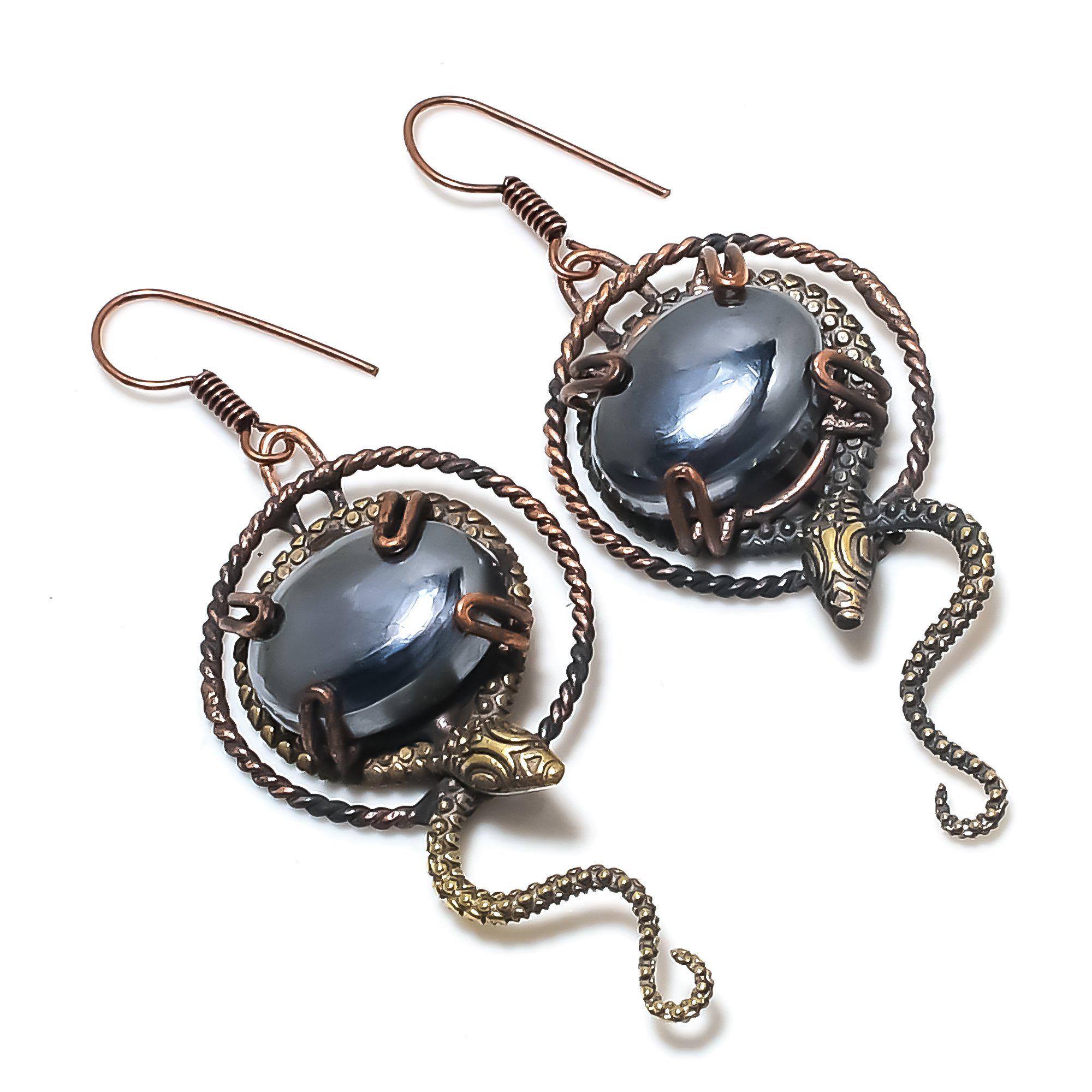 Shungite Earrings, Natural Shungite Gemstone Earring, Snake Design Copper Wire Wrapped Earrings, Handmade Jewelry Dangle Earrings Gifts