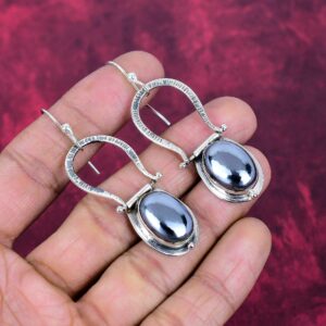 Natural Shungite Gemstone Handmade 925 Silver Dangle Earrings - Antique Boho Ethnic Jewelry For Women Gifts, Earrings Valentine Day Gift