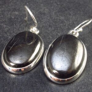 Natural Shungite Oval Dangle Shepherd Hook Earrings From Russia - 1.4" - 6.1 Grams