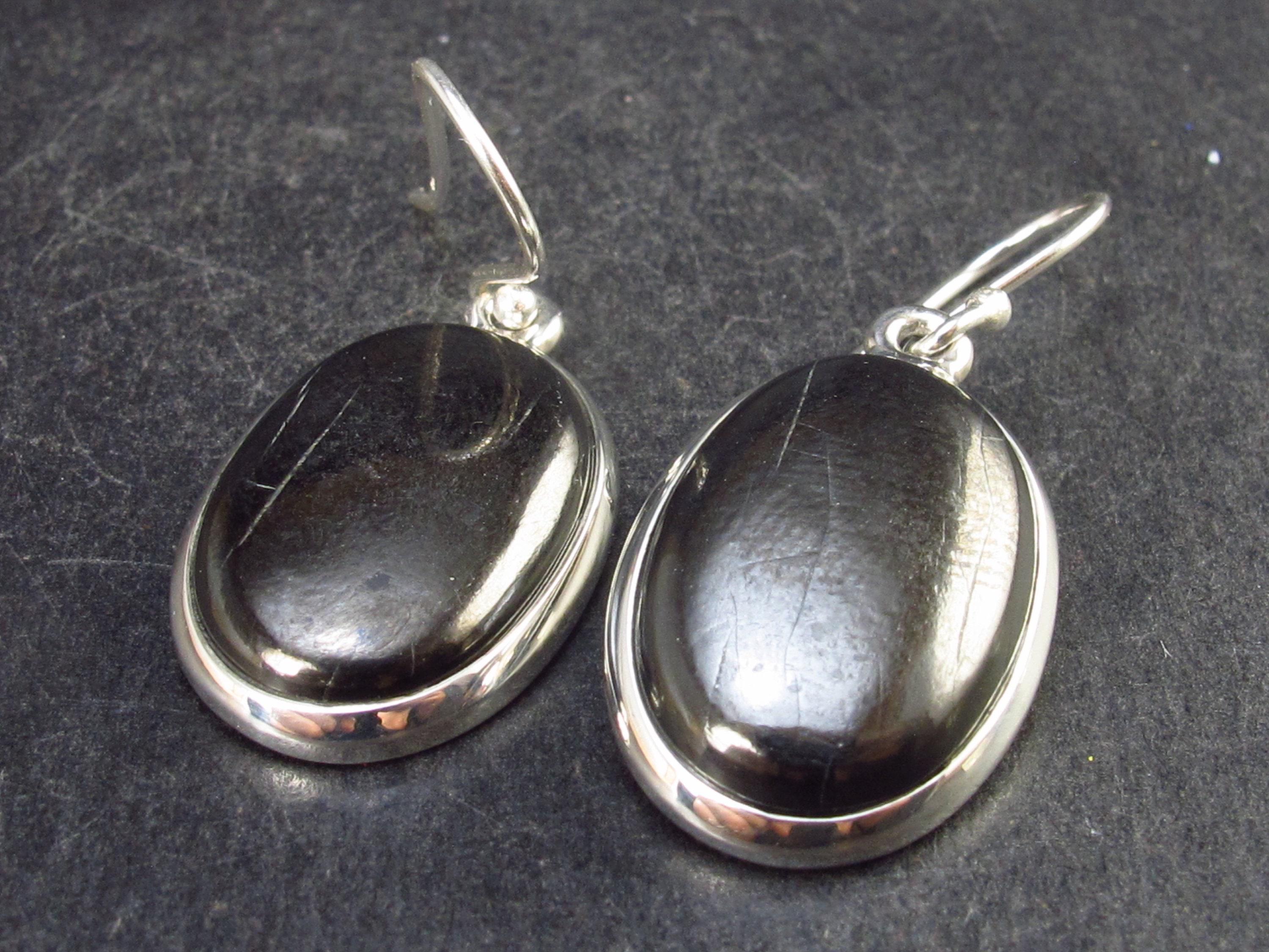Natural Shungite Oval Dangle Shepherd Hook Earrings From Russia - 1.4" - 6.1 Grams