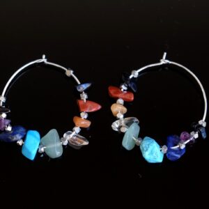 Rainbow Chakra, Shungite Nugget Silver Plated 30mm Hoop Earrings