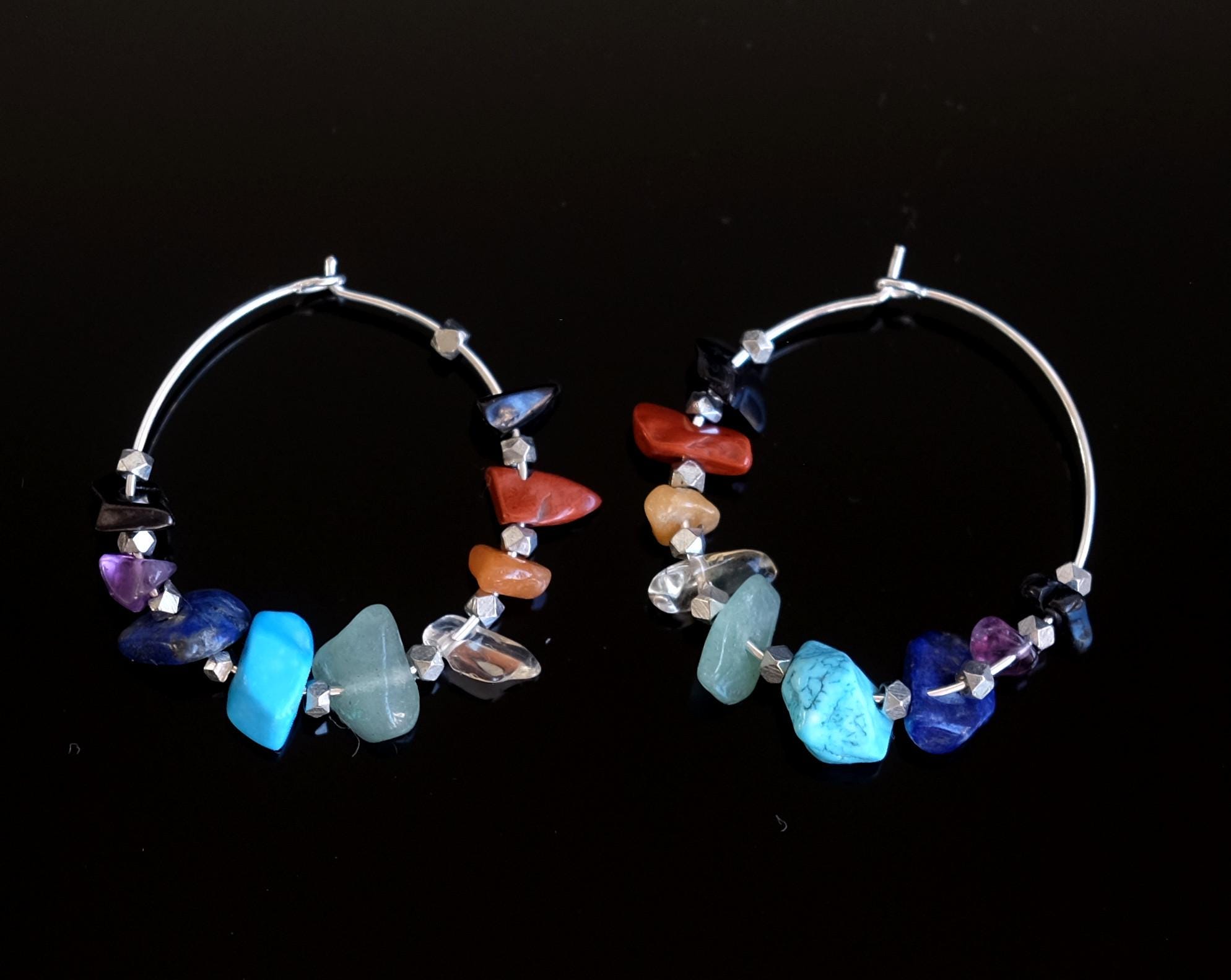 Rainbow Chakra, Shungite Nugget Silver Plated 30mm Hoop Earrings
