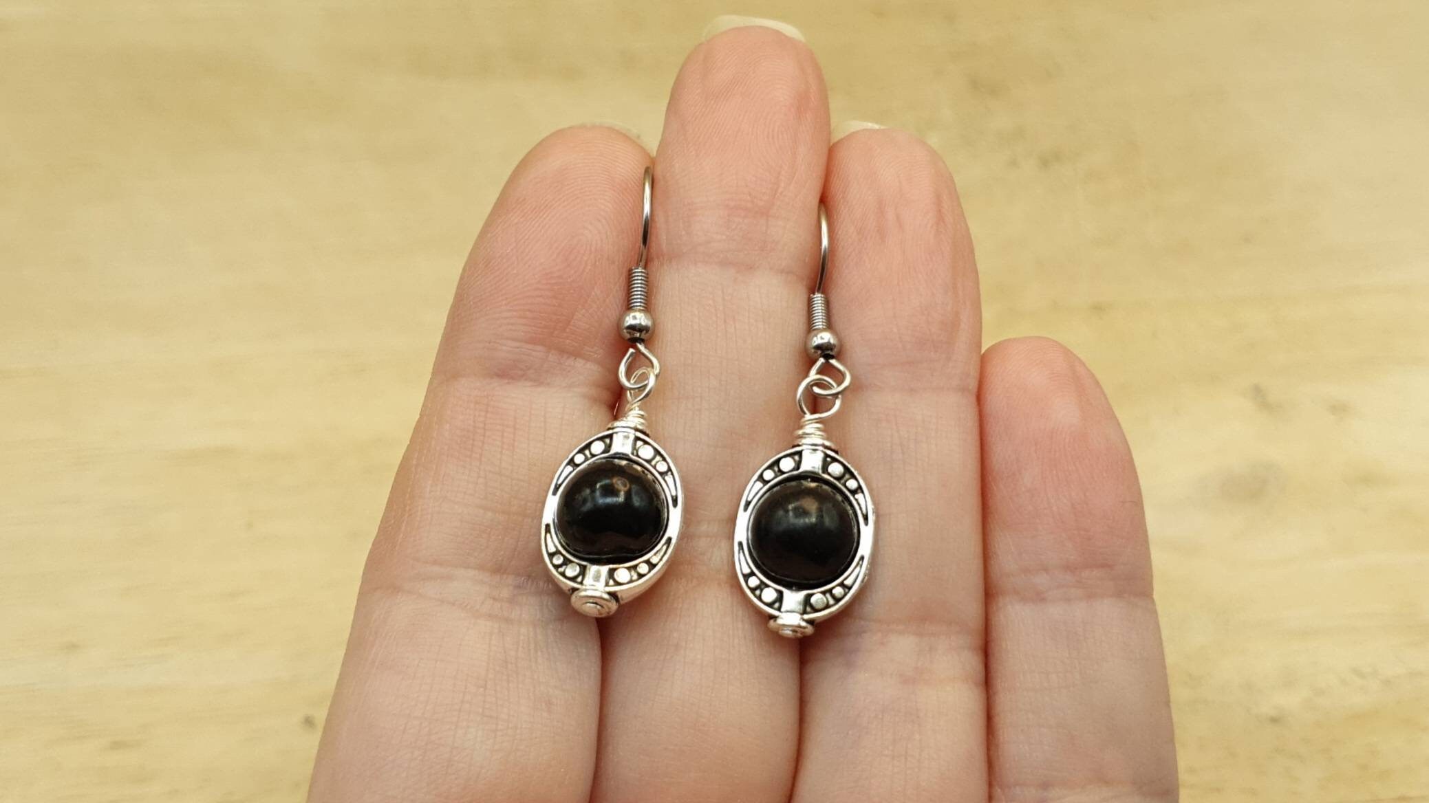 Rare Black Shungite Earrings. Reiki Jewelry Uk. Minimalist Oval Frame Dangle Drop Earrings