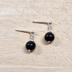 Tiny Black Shungite French Drop Ball Stud Earrings, 925 Sterling Silver