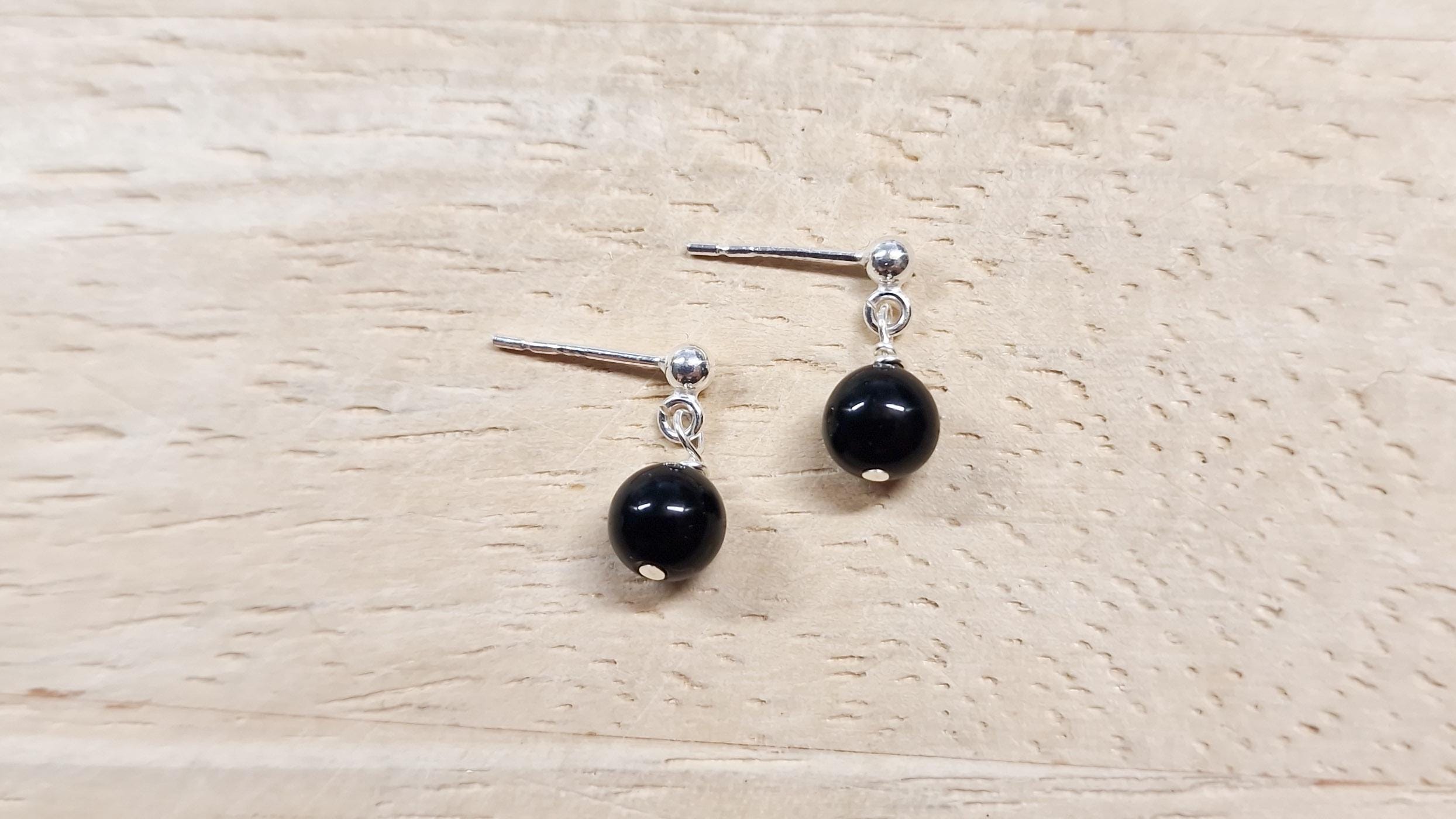 Tiny Black Shungite French Drop Ball Stud Earrings, 925 Sterling Silver