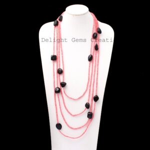 100-inch Pink Coral & Shungite Multi-layered Wrap Necklace - Smooth Round Beads