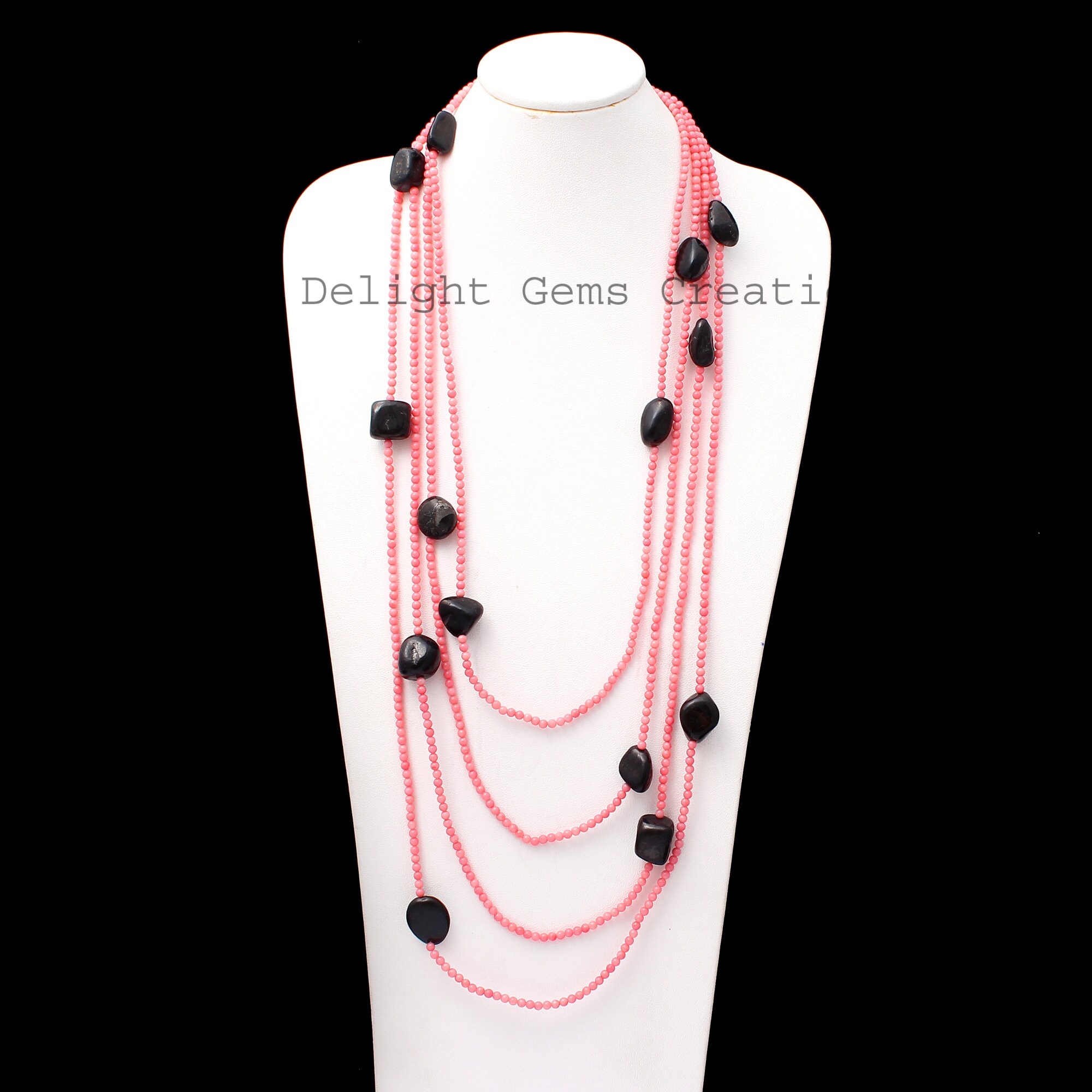 100-inch Pink Coral & Shungite Multi-layered Wrap Necklace - Smooth Round Beads 100-inch Pink Coral & Shungite Multi-layered Wrap Necklace - Smooth Round Beads