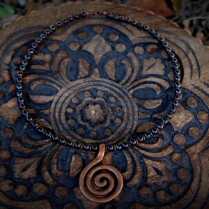 6mm Shungite, Tribal Brass Disc Spacer Beads Swirl Coil 10-14mm One-of-a-kind Handmade Jewelry 19.5'' Necklace